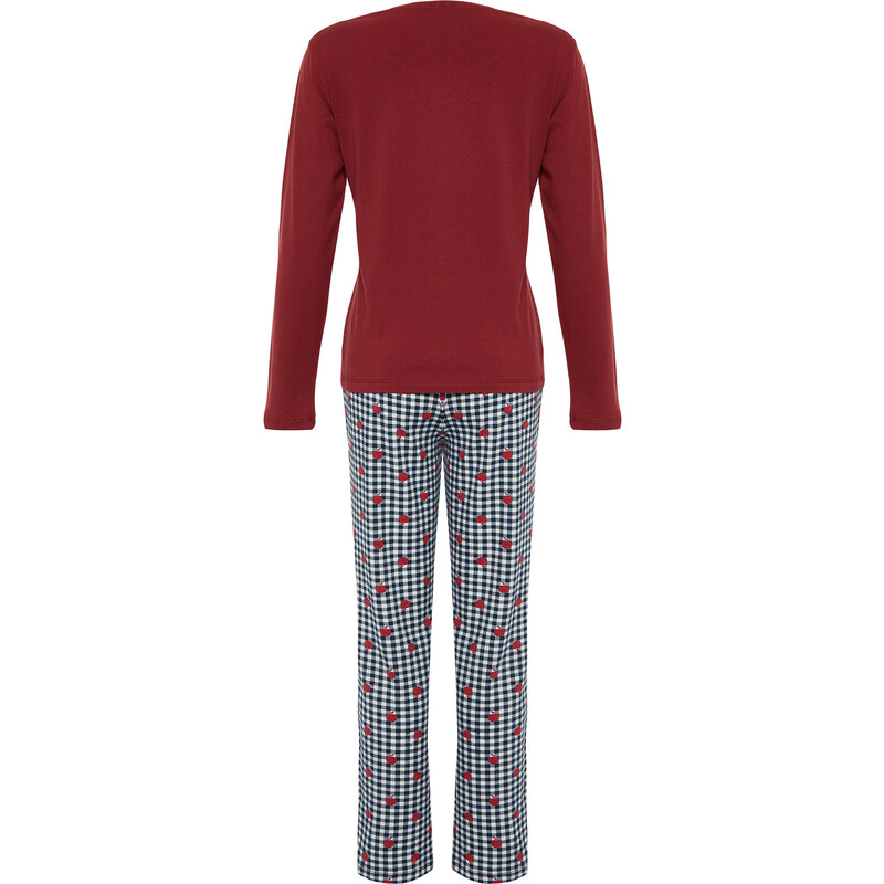 Trendyol Burgundy 100% Cotton Fruit Printed Plaid Knitted Pajamas Set