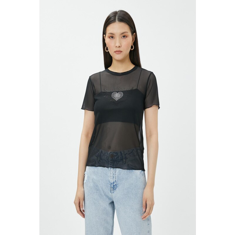 Koton Transparent T-shirt with Stones and Short Sleeves