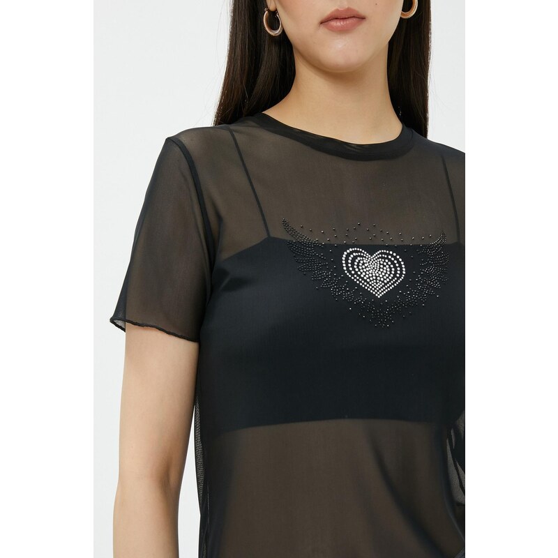 Koton Transparent T-shirt with Stones and Short Sleeves