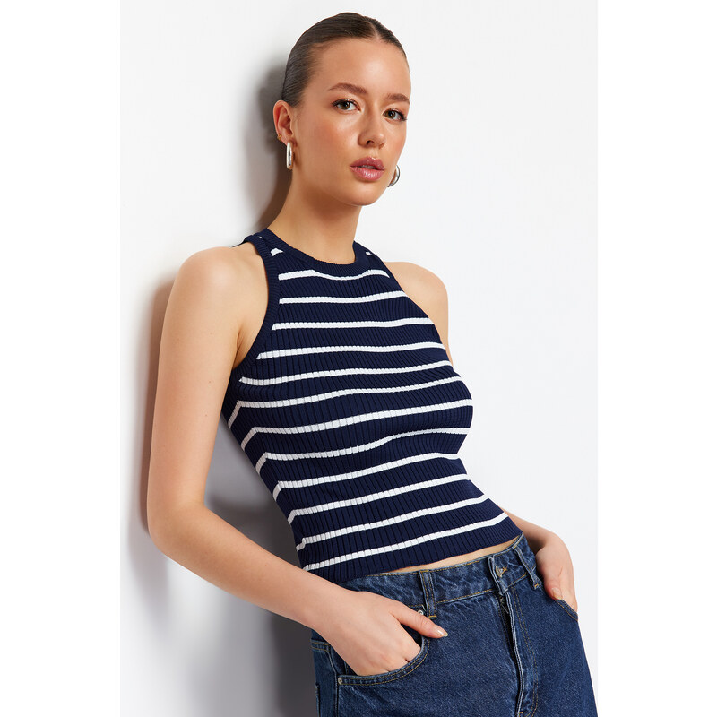 Trendyol Navy Blue Striped Barbell Neck Knitwear Blouse