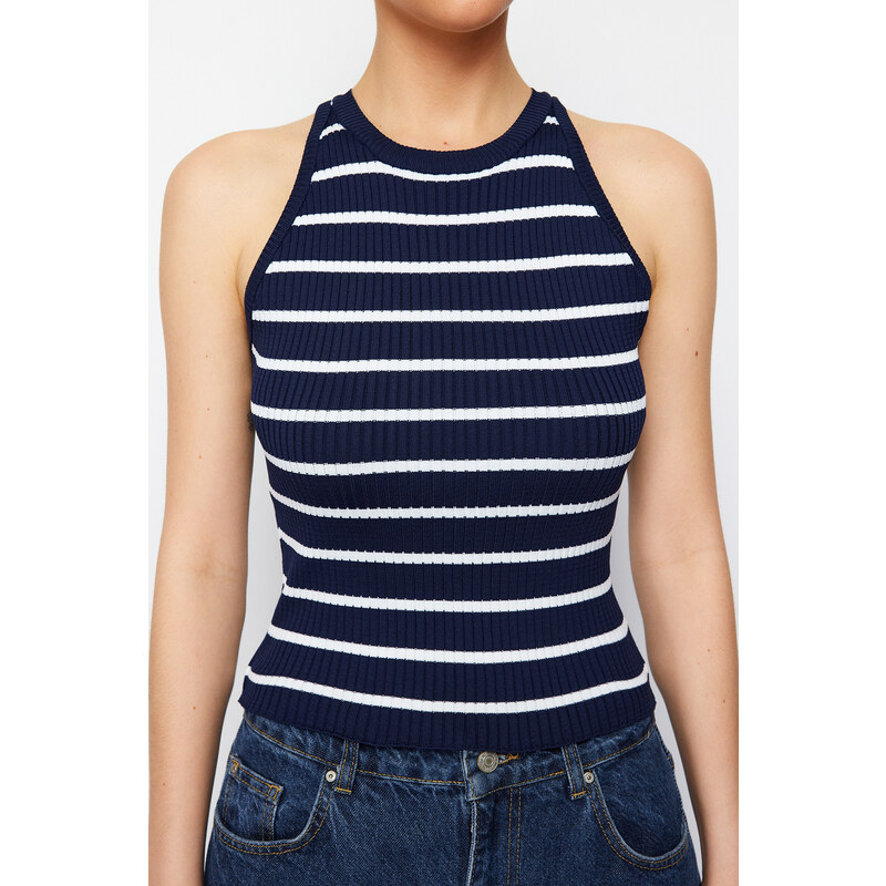 Trendyol Navy Blue Striped Barbell Neck Knitwear Blouse