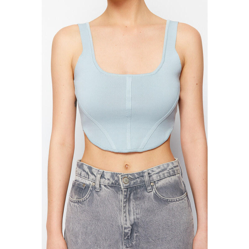 Trendyol Blue Crop Top Corset Detailed Knitwear Blouse