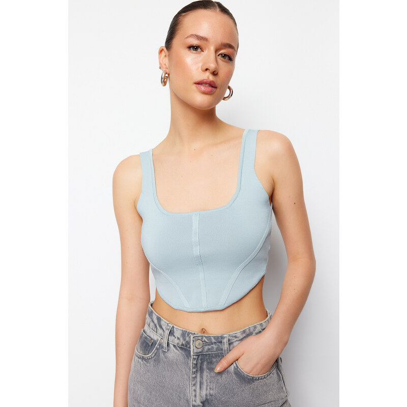 Trendyol Blue Crop Top Corset Detailed Knitwear Blouse