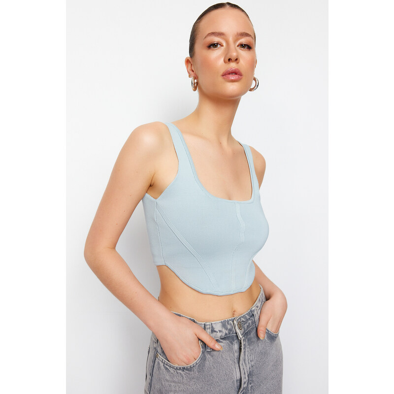 Trendyol Blue Crop Top Corset Detailed Knitwear Blouse