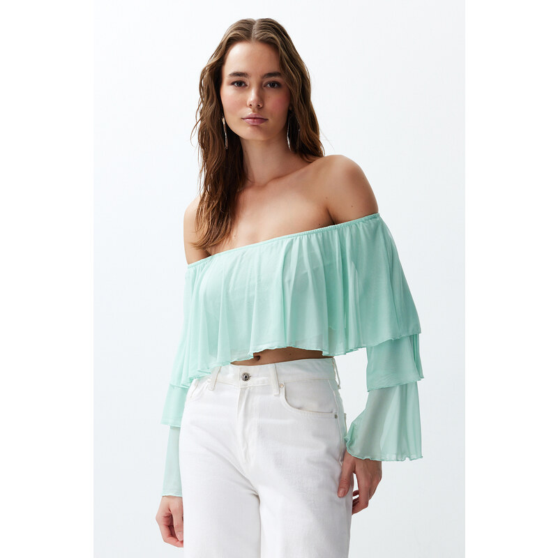 Trendyol Mint Ruffle Detail Long Sleeve Lined Crop/Short Knitted Blouse