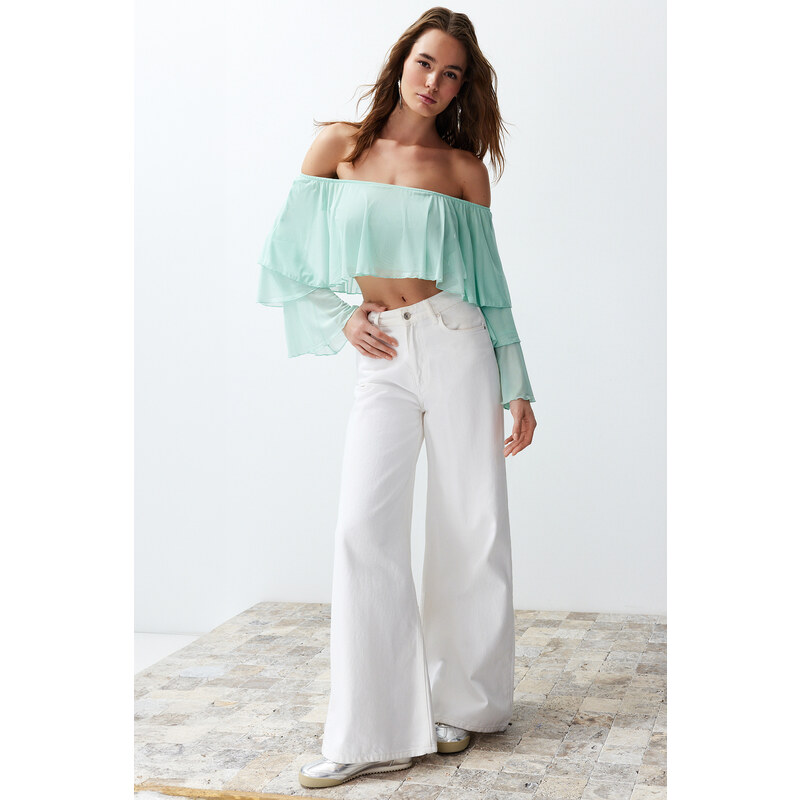 Trendyol Mint Ruffle Detail Long Sleeve Lined Crop/Short Knitted Blouse