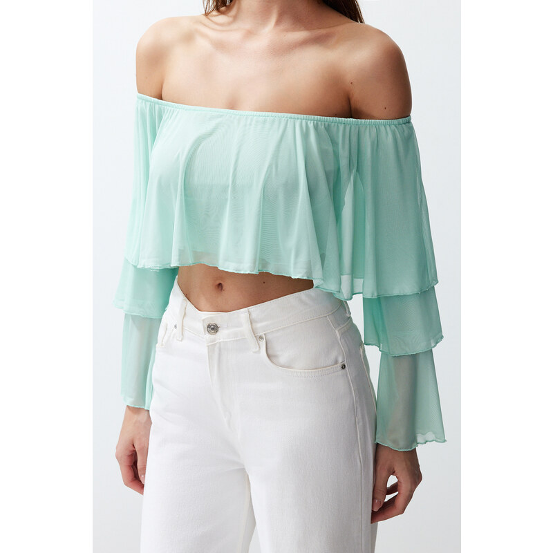 Trendyol Mint Ruffle Detail Long Sleeve Lined Crop/Short Knitted Blouse