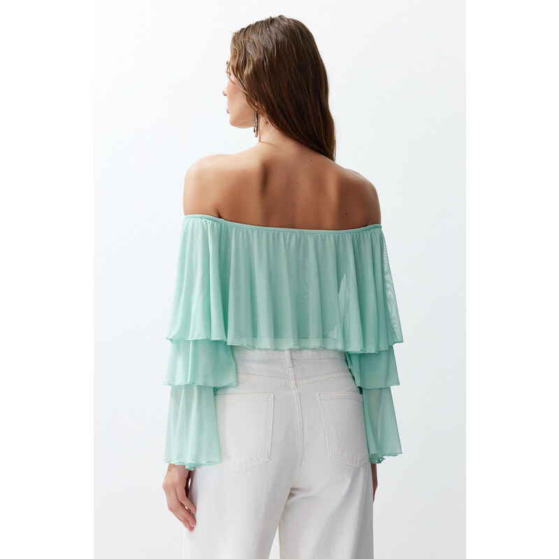 Trendyol Mint Ruffle Detail Long Sleeve Lined Crop/Short Knitted Blouse