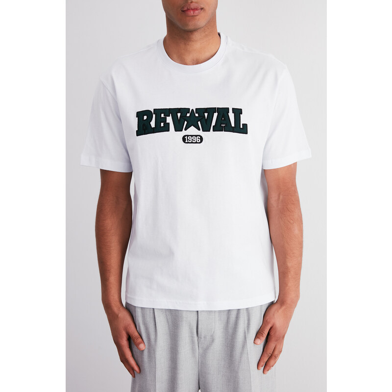 Trendyol White Relaxed/Casual Fit Text Embroidery Appliqué 100% Cotton Short Sleeve T-Shirt