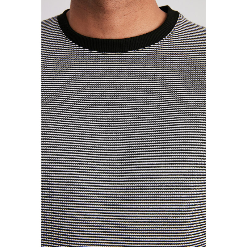 Trendyol Black Regular/Real Fit Textured Striped Short Sleeve Crew Neck T-shirt