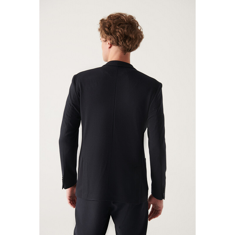 Avva Men's Navy Blue Knitted Flexible Unlined Slim Fit Slim Fit Jacket