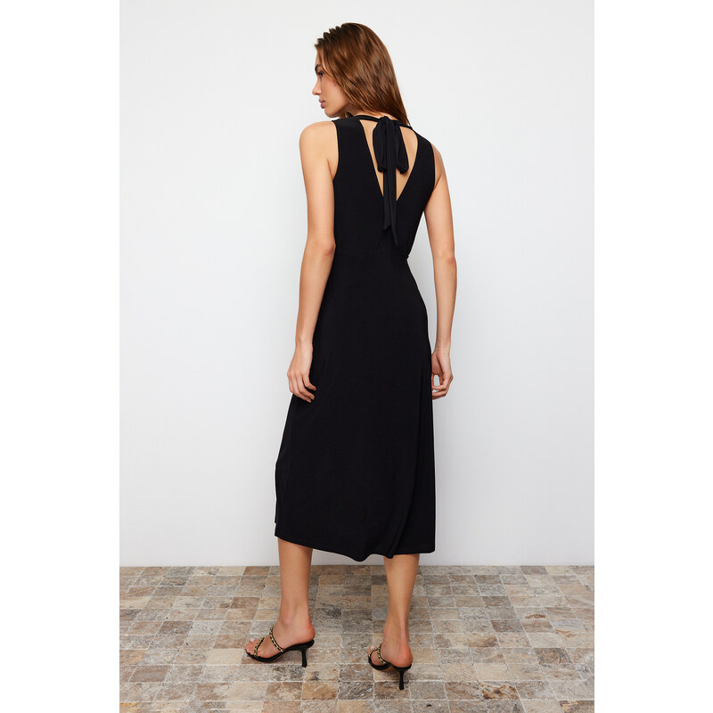 Trendyol Black Patterned Gathered Double Breasted V Neck Flexible Knitted Midi Dress