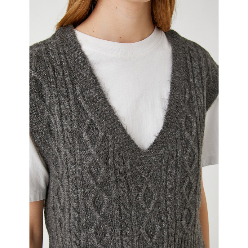Koton Knitted Sweater V-Neck Hair Braid Patterned