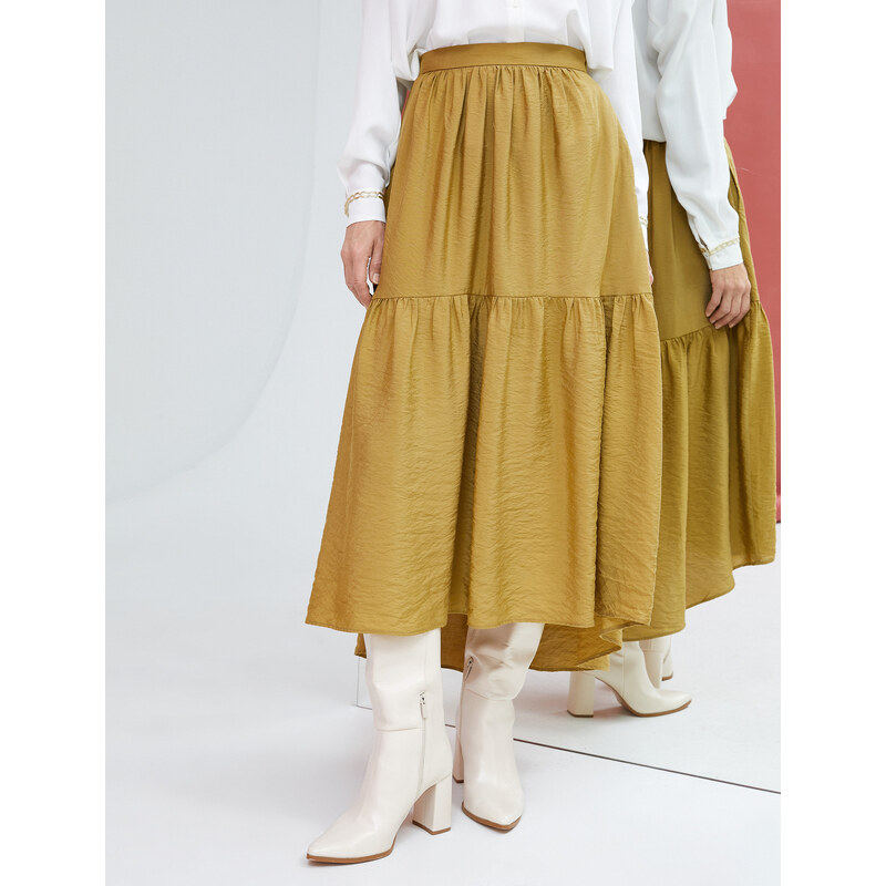 Koton Midi Skirt with Ruffles, Textured Asymmetrical Cut