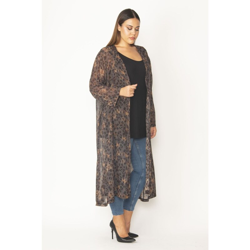 Şans Women's Plus Size Colorful Chiffon Fabric Patterned Long Cardigan