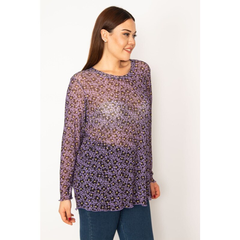 Şans Women's Plus Size Purple Lycra Tulle Blouse