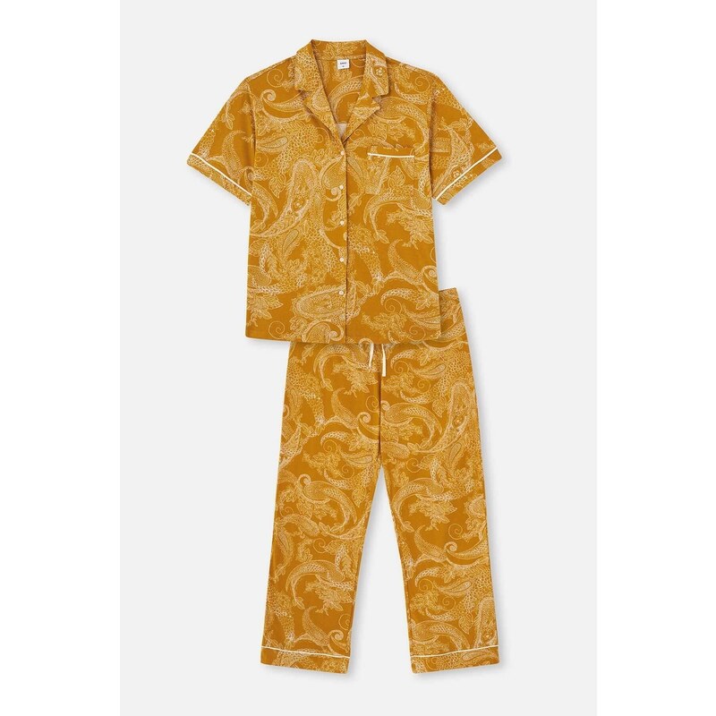 Dagi Mustard Meter Printed Shirt Collar Plus Size Pajama Set