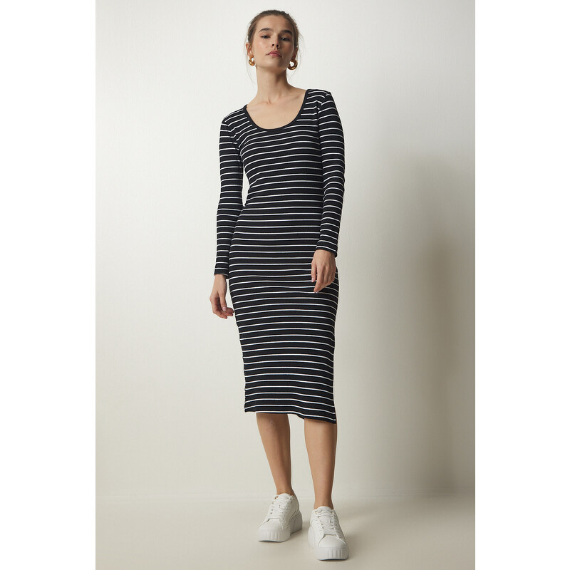 Happiness İstanbul Women's Black Striped Slit Wrap Knitted Dress