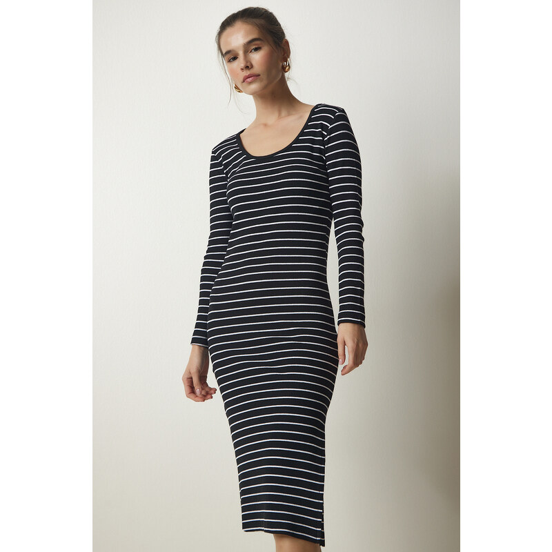 Happiness İstanbul Women's Black Striped Slit Wrap Knitted Dress