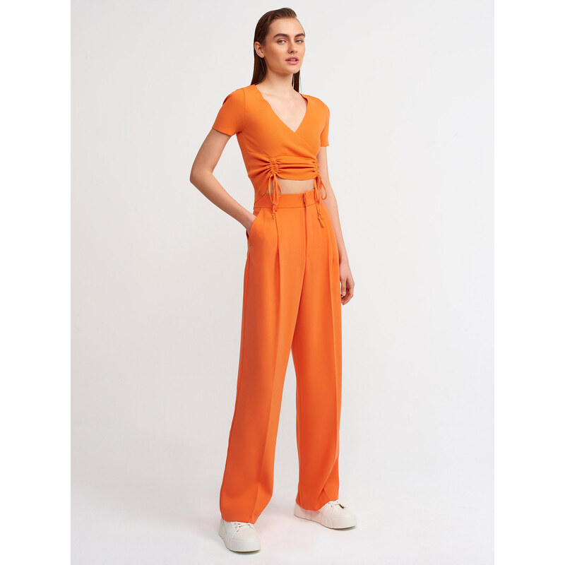 Dilvin 10194 Double-breasted Collar Pleated Front Tricot Crop-orange