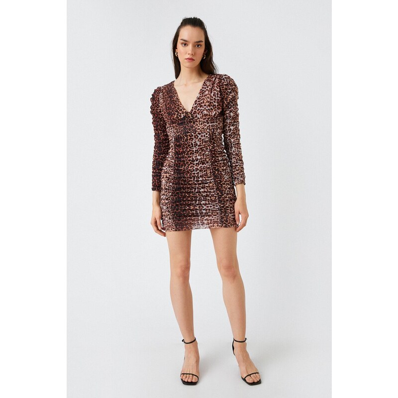 Koton Women's Long Sleeve Leopard Print Mini Dress 2sak80065ek