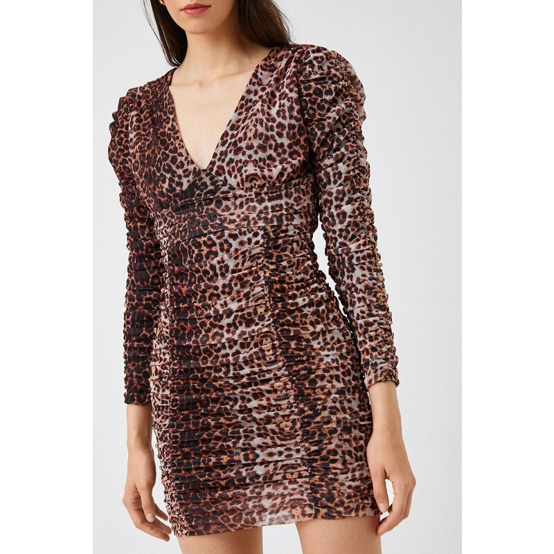 Koton Women's Long Sleeve Leopard Print Mini Dress 2sak80065ek