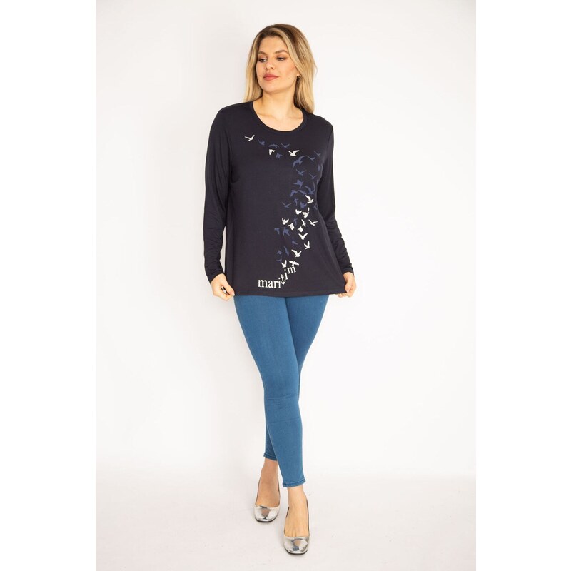 Şans Women's Plus Size Navy Blue Print Detailed Viscose Blouse