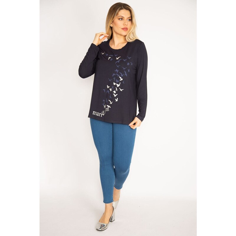 Şans Women's Plus Size Navy Blue Print Detailed Viscose Blouse