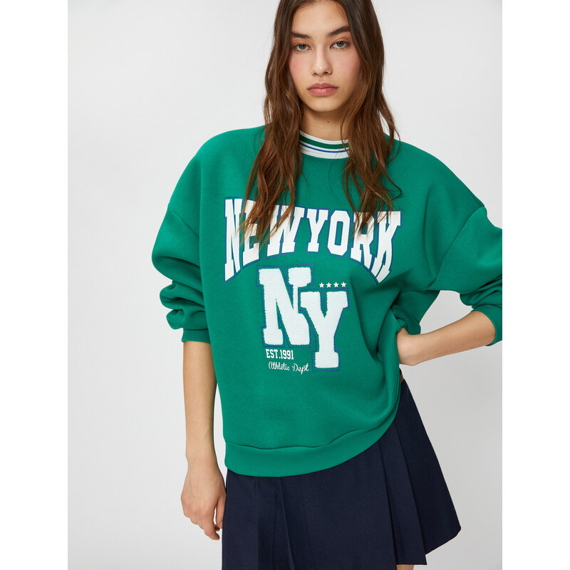 Koton College Sweatshirt Crew Neck Ribbed, Embroidered.