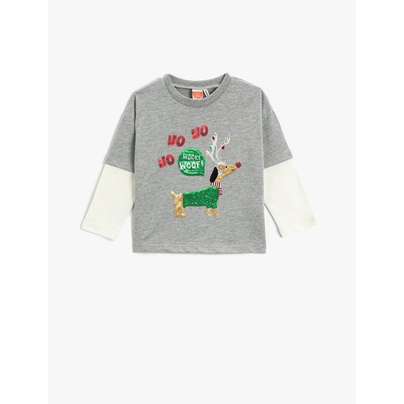 Koton Christmas Themed Long Sleeve T-Shirt with Sequin Embroidered Crew Neck.