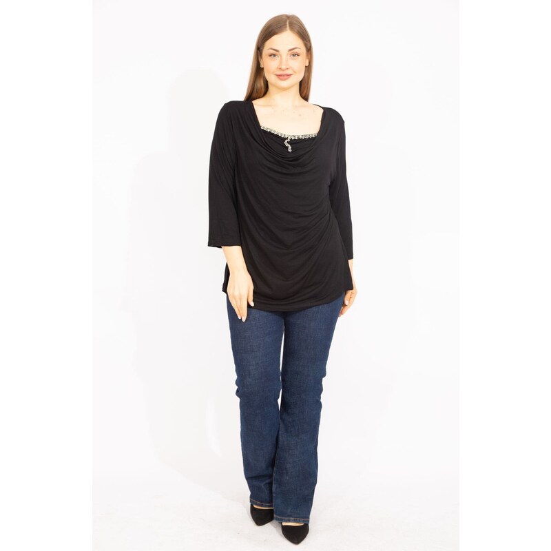 Şans Women's Black Plus Size Slip-On Collar Blouse With Stone Detail On The Inner Collar