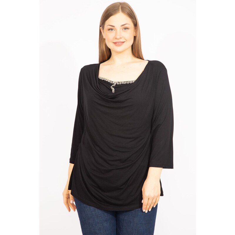 Şans Women's Black Plus Size Slip-On Collar Blouse With Stone Detail On The Inner Collar