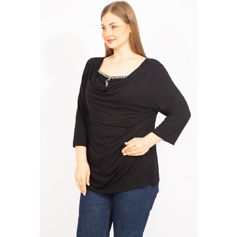 Şans Women's Black Plus Size Slip-On Collar Blouse With Stone Detail On The Inner Collar