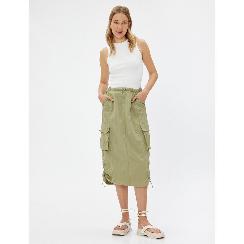 Koton Parachute Skirt Midi Large Pockets with Stopper Detail.