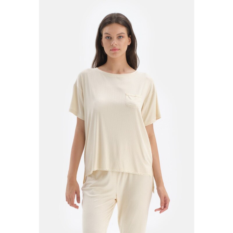 Dagi Ecru Short Sleeve Viscose T-shirt Pajama Top