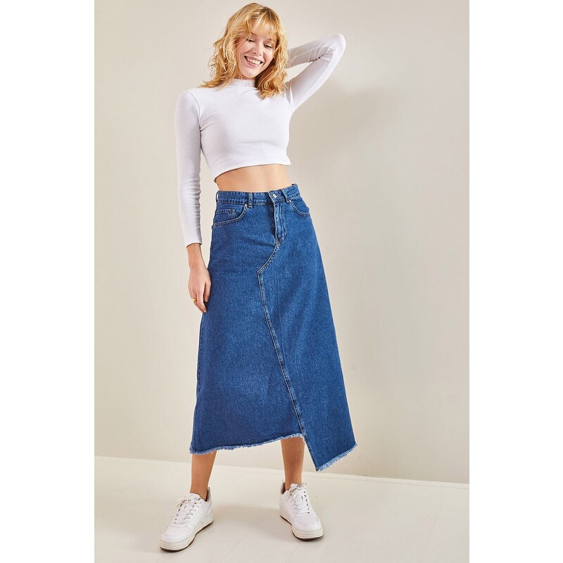 Bianco Lucci Women's Asymmetrical Tasseled Denim Skirt