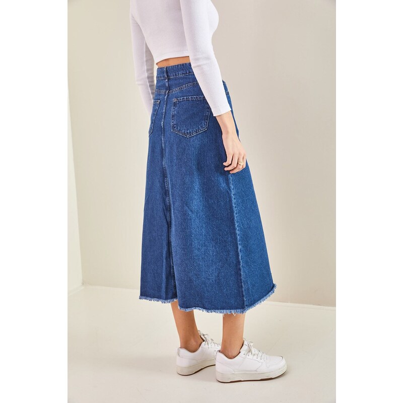 Bianco Lucci Women's Asymmetrical Tasseled Denim Skirt