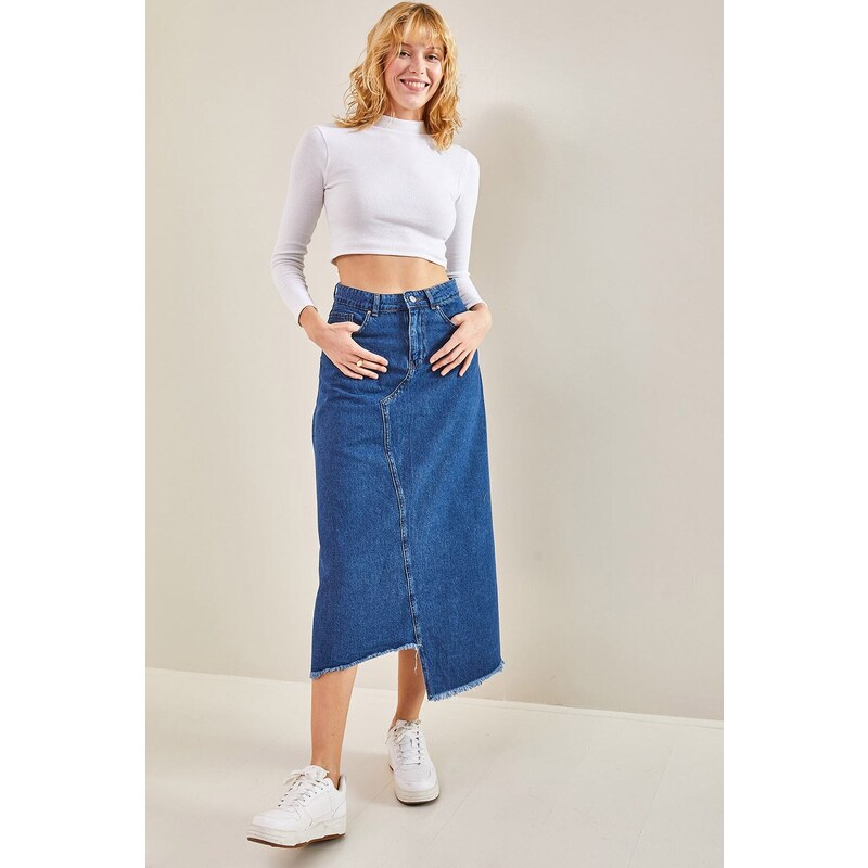 Bianco Lucci Women's Asymmetrical Tasseled Denim Skirt