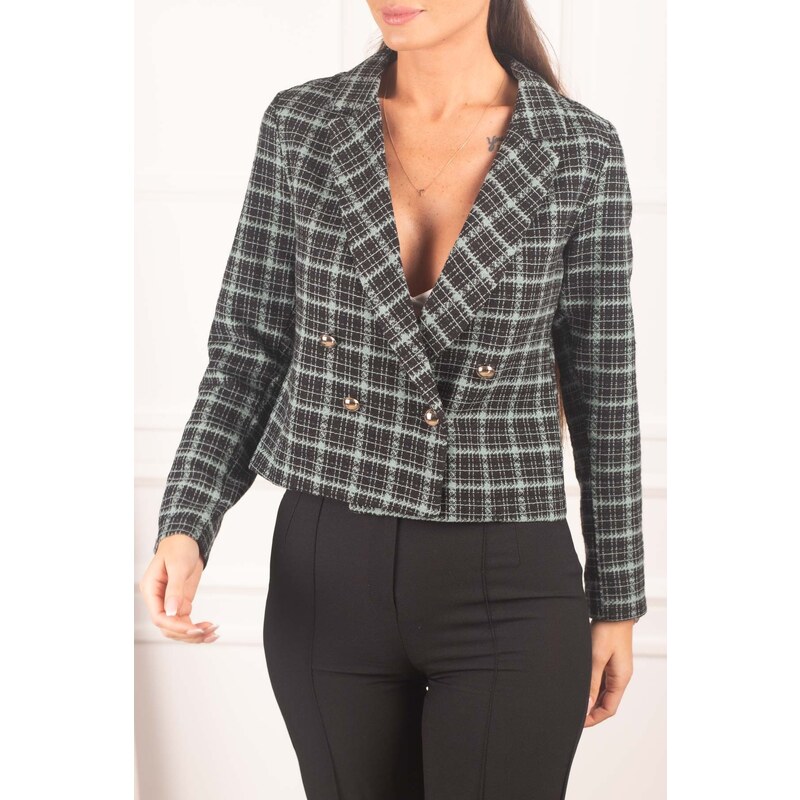 armonika Women's Mint Double Breasted Collar Tweed Crop Jacket