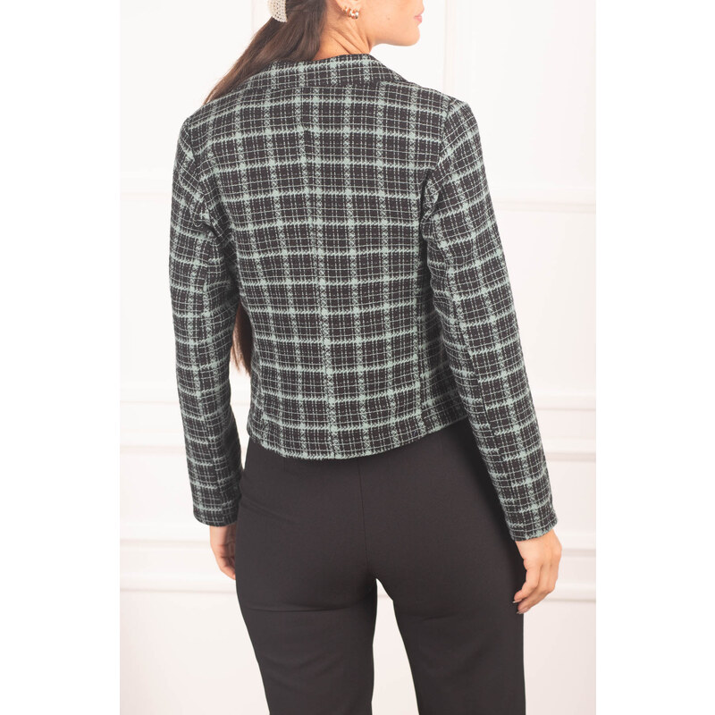 armonika Women's Mint Double Breasted Collar Tweed Crop Jacket