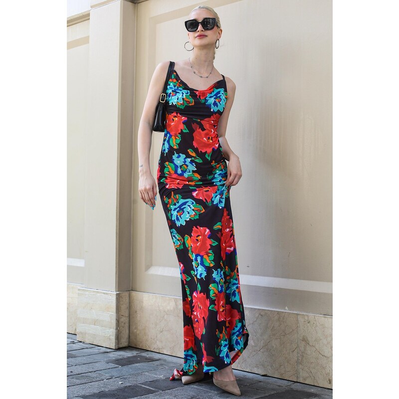 Madmext Off-Neck Multicolored Floral Patterned Long Dress
