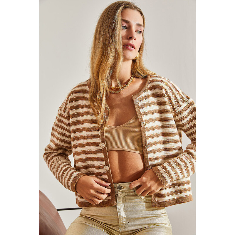 Bianco Lucci Women's Buttoned Striped Knitwear Cardigan