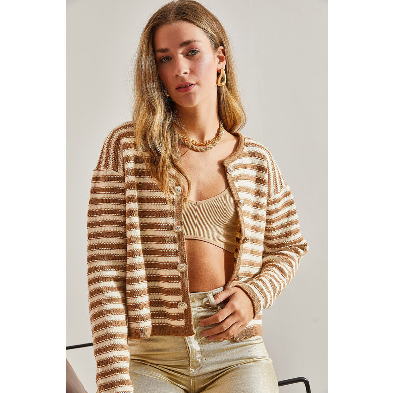 Bianco Lucci Women's Buttoned Striped Knitwear Cardigan