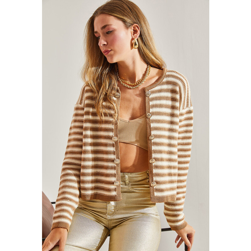 Bianco Lucci Women's Buttoned Striped Knitwear Cardigan