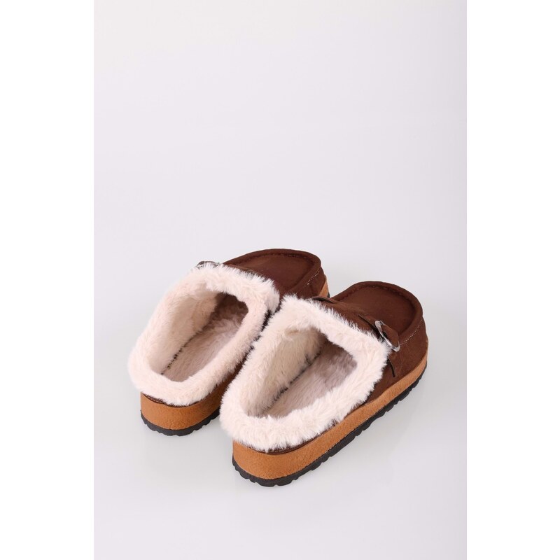 Shoeberry Women's Softie Brown Suede Shearling Flat Slippers