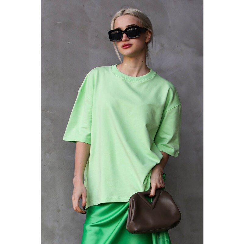 Madmext Light Green Crew Neck Basic Oversized T-shirt