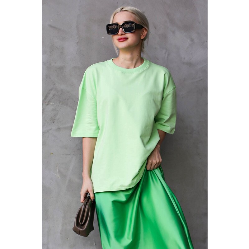 Madmext Light Green Crew Neck Basic Oversized T-shirt