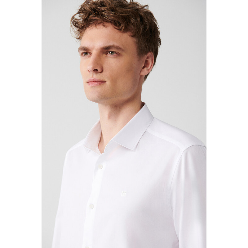 Avva Men's White 100% Cotton Classic Collar Dobby Lapel Slim Fit Slim Fit Shirt