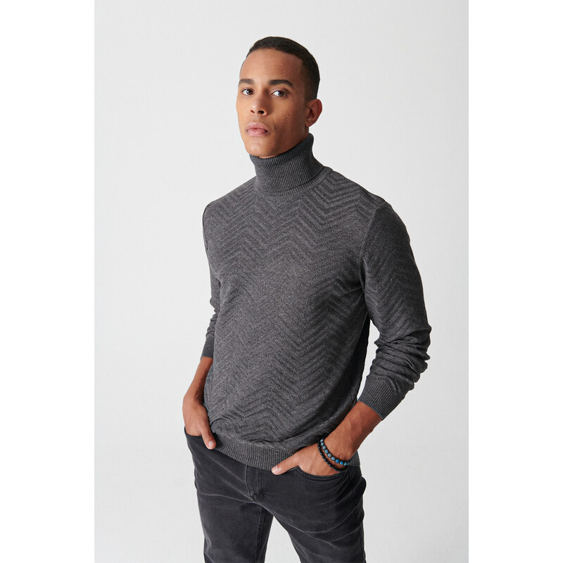 Avva Men's Anthracite Turtleneck Jacquard Sweater