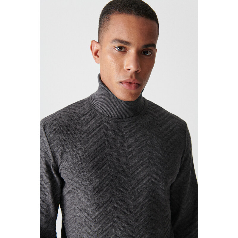 Avva Men's Anthracite Turtleneck Jacquard Sweater
